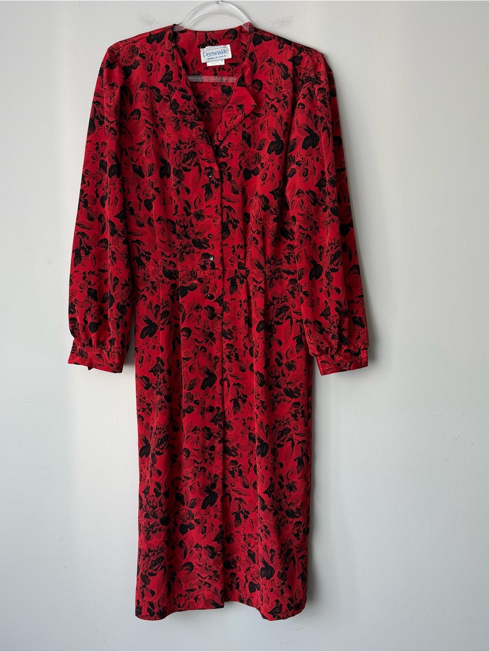 Vintage Red Midi Dress with Black Floral Print